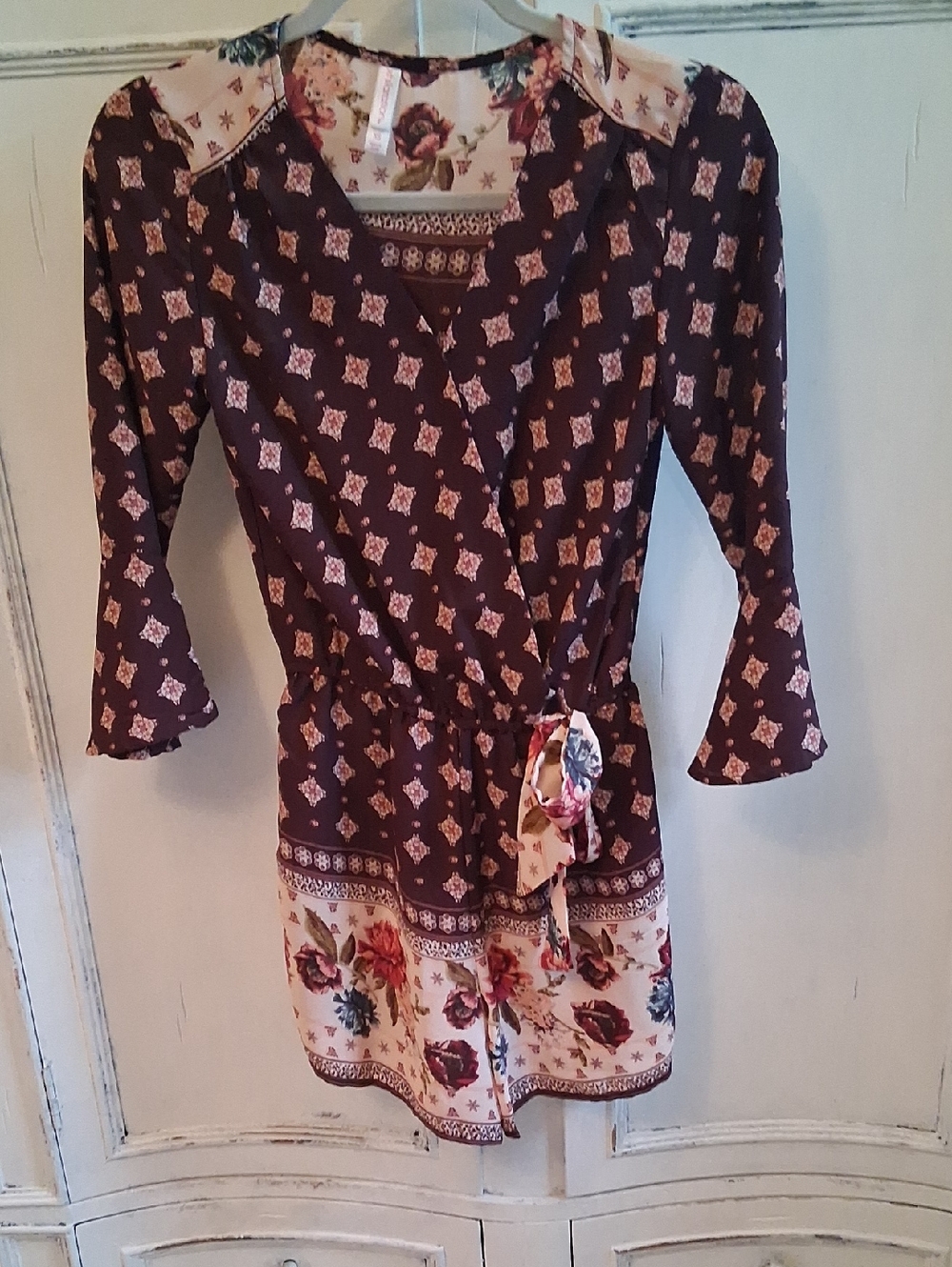 Boho Floral Mixed-Print Wrap Romper  in Plum and Cream